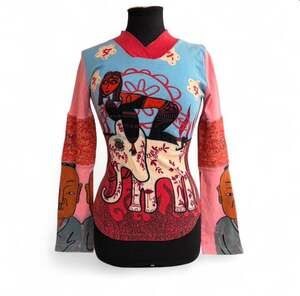 Vintage Custo Barcelona Mixed Media Graphic Long Sleeve Top with Crochet Details
